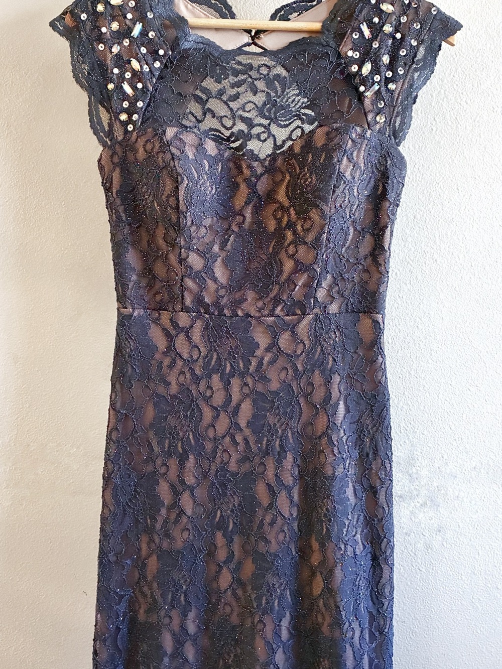David's Bridal, City Triangles Blue Lace full length Gown Beaded Cap Sleeves